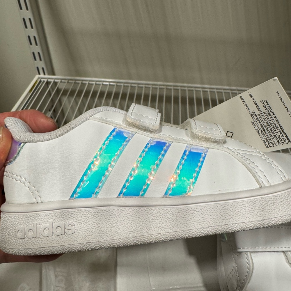 BNWT Adidas Kids White Sneakers with Blue Light Stripes